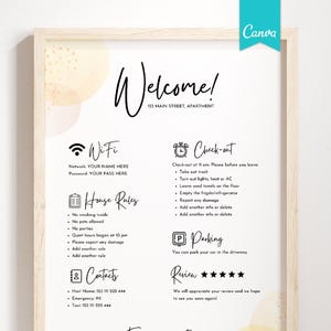 Znak powitalny dla gości, szablon znaku powitalnego dla wynajmu wakacyjnego, zasady wynajmu wakacyjnego, znak hasła do sieci Wi-Fi, znaki meldowania i wymeldowania