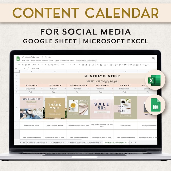 Content Planner Google Sheets, Social Media Content Calendar Excel, Social Media marketing plan, Monthly Instagram calendar template, weekly