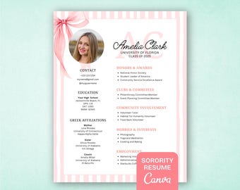 May include: A pink and white resume template with a photo of a woman, the name Amelia Clark, and details about her education, honors, and interests. The resume includes the text "Sorority Resume Canva."
