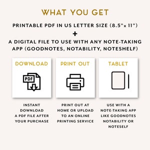 May include: Printable PDF in US letter size (8.5" x 11") and a digital file for note-taking apps like Goodnotes, Notability, and Noteshelf. Download, print, or use on a tablet.