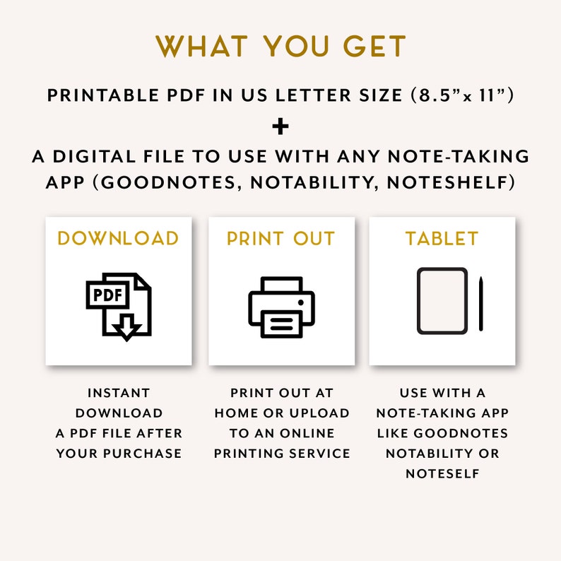 May include: Printable PDF in US letter size (8.5" x 11") and a digital file for note-taking apps like Goodnotes, Notability, and Noteshelf. Download, print, or use on a tablet.