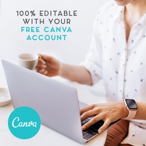 May include: A person using a laptop computer with the Canva logo on the screen. The text "100% EDITABLE WITH YOUR FREE CANVA ACCOUNT" is displayed above the laptop.