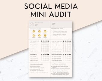 May include: A black and white checklist for a social media audit. The checklist includes sections for current followers, recommended goals, profile and brand, content creation, hashtags and keywords, engagement, your main challenges, and what could be improved. The checklist is designed to help businesses improve their social media presence.
