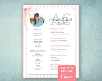 Sorority resume template pink stripe, Preppy Sorority Resume with photo, Sorority Recruitment Cover Letter, Editable Rush Sorority Packet