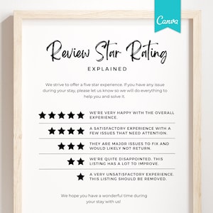 Placa de taxa de 5 estrelas, Placa de avaliação, Cartaz de classificação por estrelas, Placa de aluguel de curta duração, Explicação de 5 estrelas, Modelo de placa de boas-vindas para aluguel por temporada
