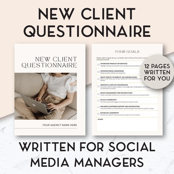 Client Questionnaire, Social Media Manager Templates, New Client Onboarding checklist, Done for you template, Virtual Assistants, Canva