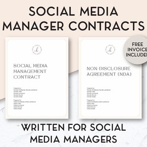 Può includere: Due documenti bianchi con bordi dorati, uno intitolato "Contratto di gestione dei social media" e l'altro intitolato "Accordo di riservatezza (NDA)". Entrambi i documenti hanno un logo con il testo "Il tuo logo qui" e una fattura gratuita inclusa.