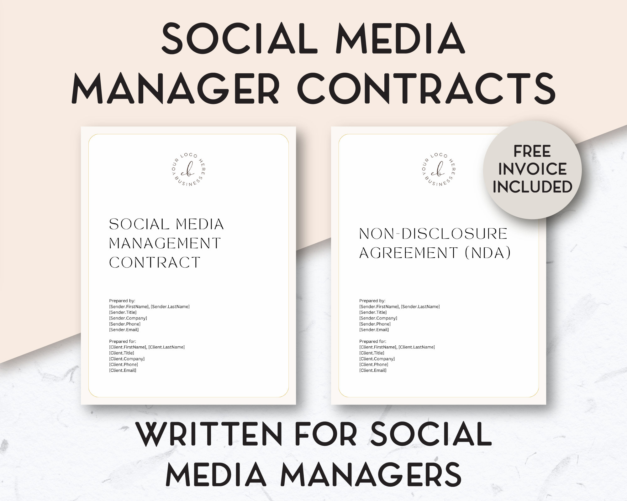 Social Media Management Contract, Non Disclosure Agreement, Invoice template for freelancers, Social Media Manager Templates, Editable Canva