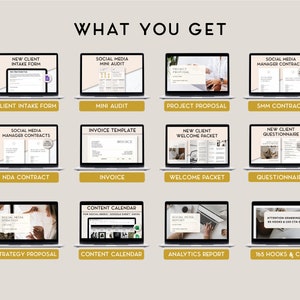 May include: A collage of laptop screens showcasing various digital marketing resources, including client intake forms, social media contracts, invoices, welcome packets, questionnaires, content calendars, analytics reports, and strategy proposals. The text "WHAT YOU GET" is displayed at the top of the image.