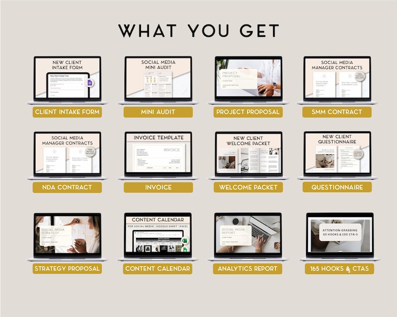 May include: A collage of laptop screens showcasing various digital marketing resources, including client intake forms, social media contracts, invoices, welcome packets, questionnaires, content calendars, analytics reports, and strategy proposals. The text "WHAT YOU GET" is displayed at the top of the image.