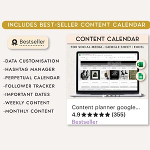May include: A laptop computer displaying a content calendar template for social media. The template is in a spreadsheet format and includes columns for dates, topics, and content ideas. The laptop is on a white background with the text "Content Calendar for Social Media - Google Sheet | Excel" and "Content planner google... 4.9 (355) Bestseller" below it.