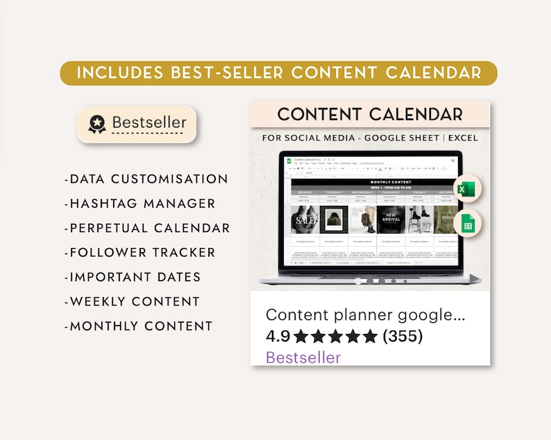 May include: A laptop computer displaying a content calendar template for social media. The template is in a spreadsheet format and includes columns for dates, topics, and content ideas. The laptop is on a white background with the text "Content Calendar for Social Media - Google Sheet | Excel" and "Content planner google... 4.9 (355) Bestseller" below it.