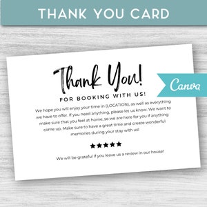 Vacation Rental Thank You Card Template, Thank you card for guests, Short term rental templates, 5 star review, Vacation Rental Welcome card