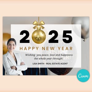 Ansichtkaart onroerend goed 2025, ansichtkaart nieuwjaar makelaar, onroerend goed decemberkaart, marketing, bewerkbare sjabloon, gelukkig nieuwjaar 2025