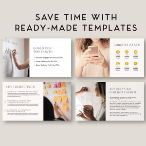 May include: A digital marketing strategy template with a gold and white color scheme. The template includes a section for goals, key objectives, current stats, and an action plan for the next month. The template is designed to help businesses save time and improve their online presence.