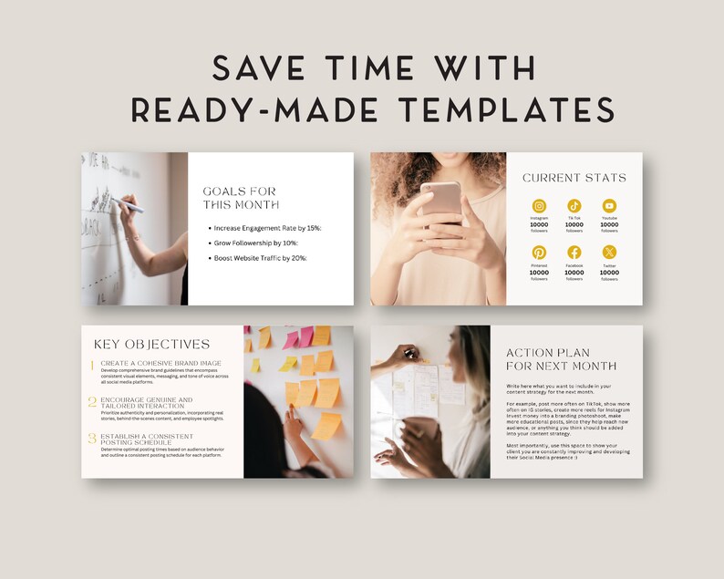 May include: A digital marketing strategy template with a gold and white color scheme. The template includes a section for goals, key objectives, current stats, and an action plan for the next month. The template is designed to help businesses save time and improve their online presence.