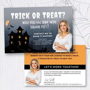 Carte postale immobilière d’Halloween, Agent immobilier Carte agricole d’octobre, Idées de marketing d’automne, Modèle modifiable Trick or Treat, Agent immobilier