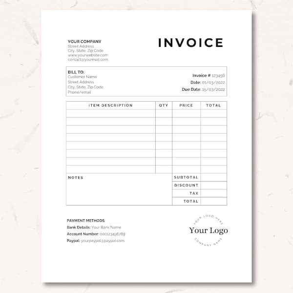 Minimalist invoice template word, Small Business invoice editable, invoice template google doc, Billing template, Invoice form, receipt