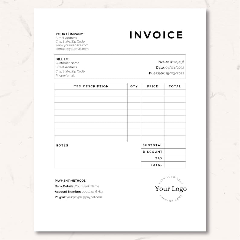 Minimalist invoice template word, Small Business invoice editable, invoice template google doc, Billing template, Invoice form, receipt image 1