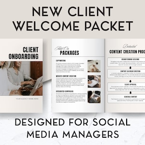 May include: A white and black welcome packet for new clients of a social media management agency. The packet includes information about client onboarding, add-on packages, and a detailed content creation process.