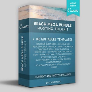 Modello di libro di benvenuto per affitto vacanze sulla spiaggia, modello di pacchetto host, guida per affitti a breve termine, post sui social media modificabili, host stampabile