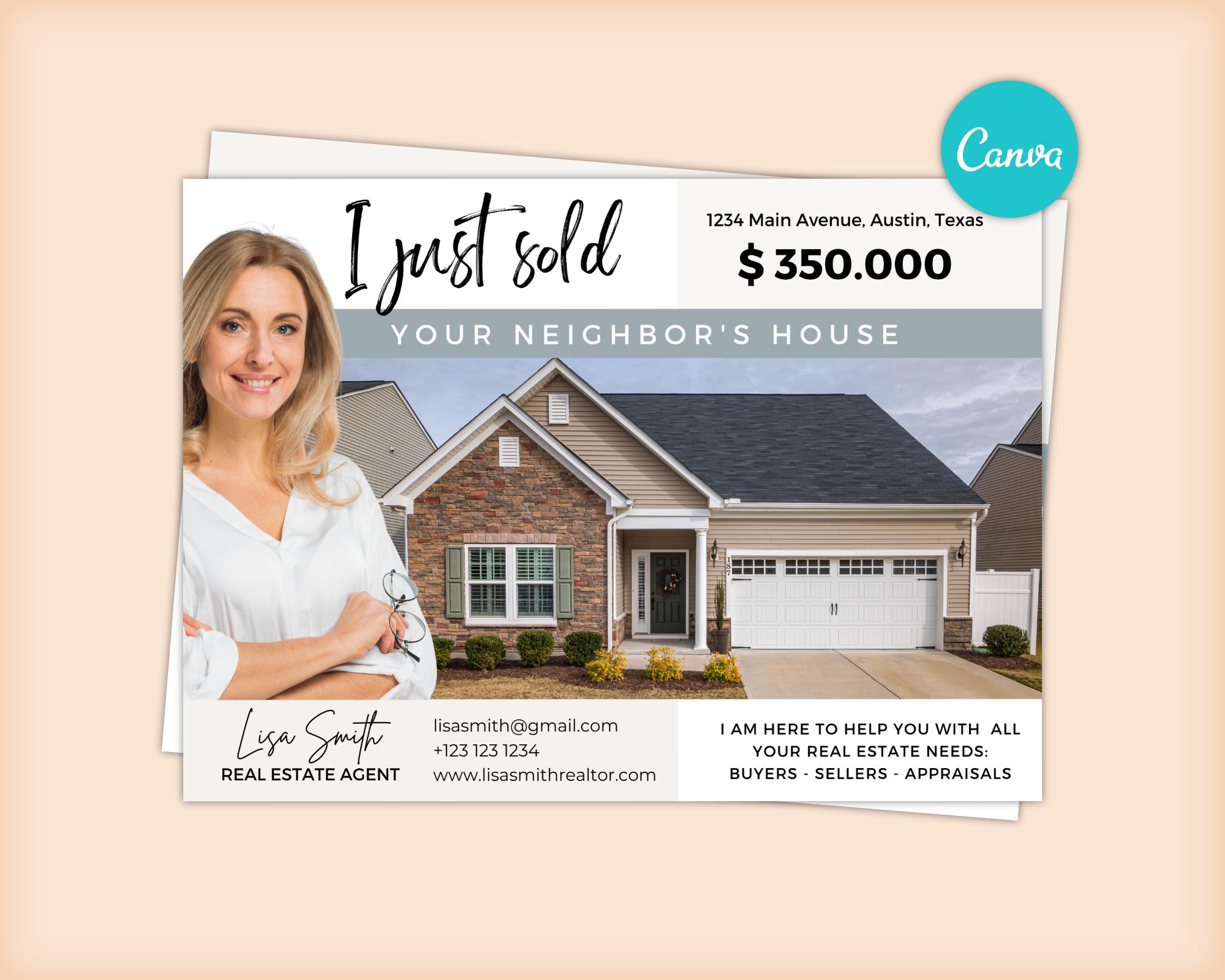 I Just Sold your neighbors house, Real Estate Postcard Farming, Real estate postcard just sold, Thinking of selling postcard, Editable
