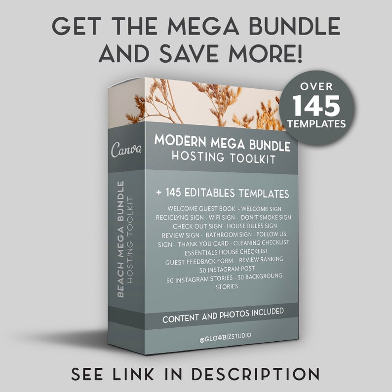 May include: A Canva template for a modern mega bundle hosting toolkit. The template features a beach scene with a light blue background and a white box with the text "Beach Mega Bundle Hosting Toolkit" and "Modern Mega Bundle Hosting Toolkit". The template includes over 145 editable templates, content and photos, and a link to the description.