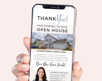 Może przedstawiać: Ekran smartfona wyświetlający wiadomość z podziękowaniem za udział w otwartym domu. Wiadomość zawiera adres 123 Main Street, Austin, Texas, oraz dane kontaktowe Lisy Smith, agenta nieruchomości. Obraz pokazuje również zdjęcie domu.