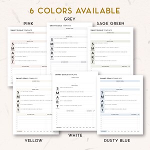 May include: A digital planner template for setting SMART goals. The template is available in six colors: pink, grey, sage green, yellow, white, and dusty blue. Each template includes a section for a generic goal, a smart goal, action steps, and a due date.