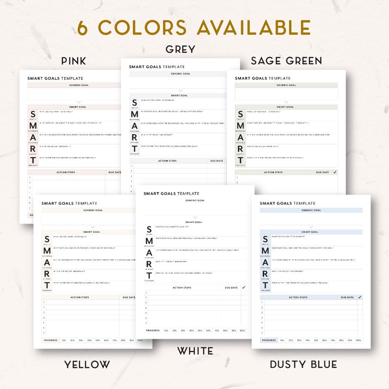 May include: A digital planner template for setting SMART goals. The template is available in six colors: pink, grey, sage green, yellow, white, and dusty blue. Each template includes a section for a generic goal, a smart goal, action steps, and a due date.