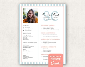 Sorority Lebenslauf Vorlage Streifen mit Foto, Preppy Sorority Resume, Sorority Rekrutierung Cover Letter, bearbeitbarer Rush Sorority Packet