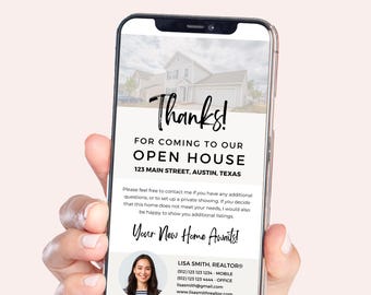 Może przedstawiać: Smartfon wyświetlający wiadomość z podziękowaniem za udział w otwartym domu przy 123 Main Street, Austin, Texas. Wiadomość zawiera dane kontaktowe Lisy Smith, agenta nieruchomości, z numerami telefonów i adresem e-mail.