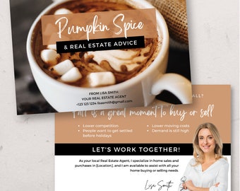 Pumpkin Spice Real Estate postcard, Real estate agent September Farming Card, Real Estate Fall Marketing, Editable Autumn Postcard Template