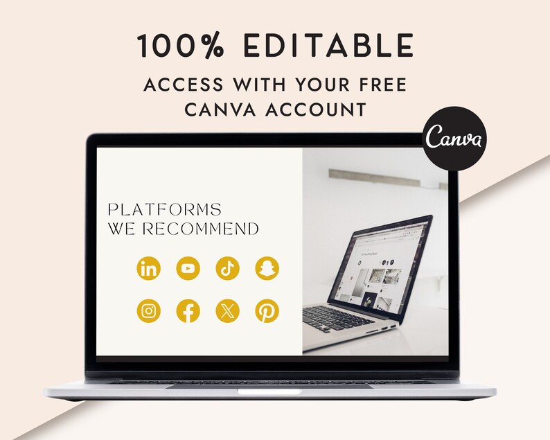 May include: A laptop screen displaying a presentation about social media platforms. The presentation includes icons for LinkedIn, YouTube, TikTok, Snapchat, Instagram, Facebook, Twitter, and Pinterest. The text on the screen reads "Platforms We Recommend".