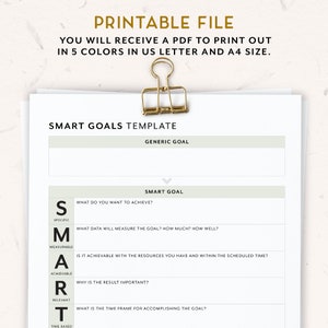 May include: A printable SMART goals template in a light green and white color scheme. The template includes a section for a generic goal and a section for a SMART goal, which is broken down into five categories: Specific, Measurable, Achievable, Relevant, and Time-Based.