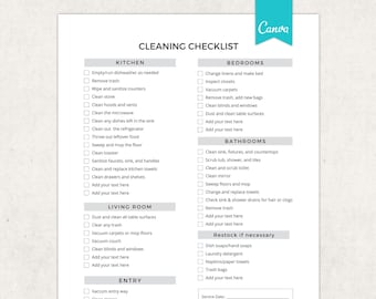 Könnte beinhalten: Eine druckbare Reinigungscheckliste mit Abschnitten für Küche, Schlafzimmer, Badezimmer, Wohnzimmer, Eingang und Nachschub von Verbrauchsmaterialien. Die Checkliste enthält Aufgaben wie das Entleeren des Geschirrspülers, das Wechseln der Bettwäsche, das Reinigen der Toilette, das Abstauben von Oberflächen und das Staubsaugen.