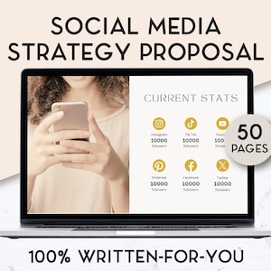 Peut inclure: Un écran d'ordinateur portable affichant une proposition de stratégie de médias sociaux avec une femme utilisant un smartphone. La proposition comprend des statistiques actuelles pour diverses plateformes de médias sociaux, notamment Instagram, TikTok, YouTube, Pinterest, Facebook et Twitter. La proposition compte 50 pages et est 100% rédigée pour vous.