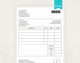 Invoice template canva, Small Business invoice editable, Printable Receipt, Billing template, Minimalist Invoice form, Digital Download