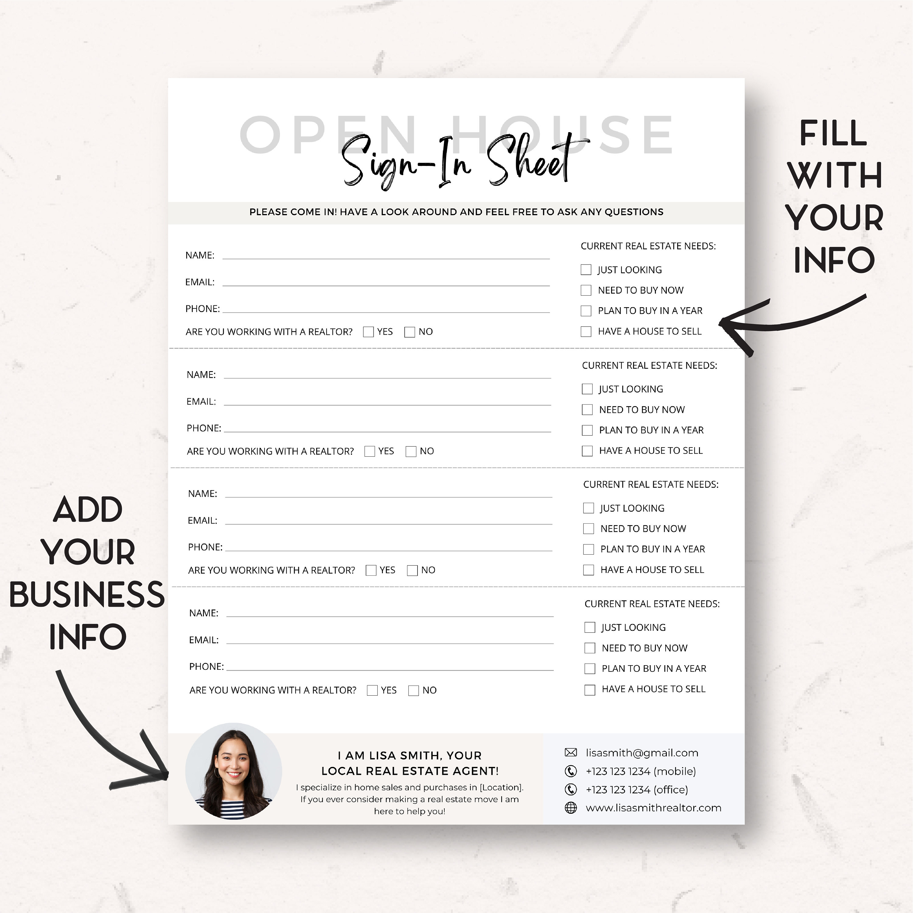 Open House Sign in Sheet, Open House Questionnaire, Open House Sheet, Open House