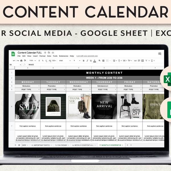 Content planner google sheets, Social Media Calendar Template, Social media planner, Social Media marketing plan, Instagram planner, excel