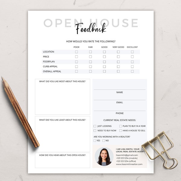 Open House Feedback Form, Open House Questionnaire, Real Estate Marketing, Open House Supplies, Lead sheet, template editable