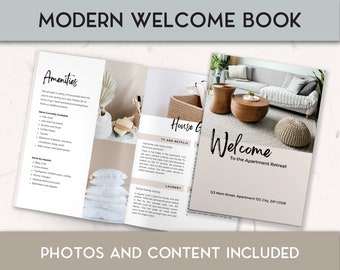 May include: A modern welcome book for an apartment retreat with a photo of a living room with a couch, coffee table, and rug. The text on the cover reads "Welcome to the Apartment Retreat".