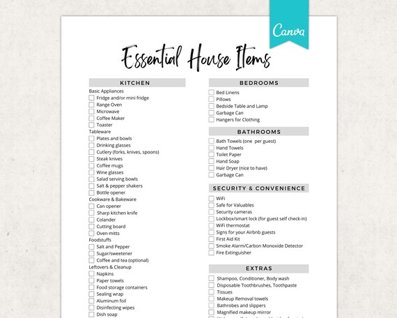 Vacation rental Inventory Checklist, Essentials House Items, Housekeeping checklist, Short term rental checklist, Host template printable