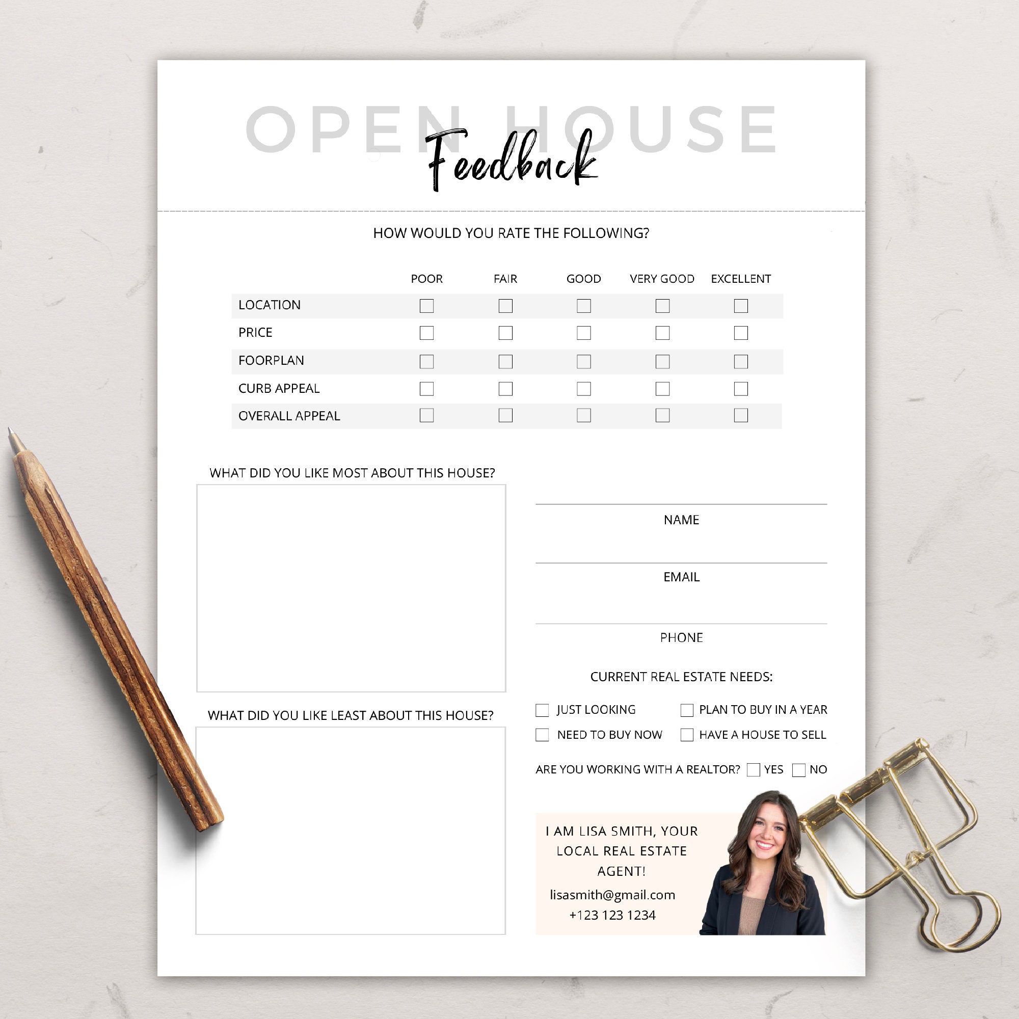 Open House Feedback Form, Open House Questionnaire, Real Estate Marketing, Open House Supplies