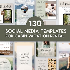 Puede incluir: Un conjunto de 130 plantillas de redes sociales para alquileres vacacionales de cabañas. Las plantillas presentan varios diseños, incluyendo promociones de "Último Minuto" con imágenes de cabañas, listados de Airbnb y presentaciones de anfitriones.