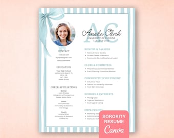 May include: A light blue and white resume template with a photo of a woman, the name "Amelia Clark", and details about education, honors, and interests. The text "Sorority Resume Canva" is in a pink box.