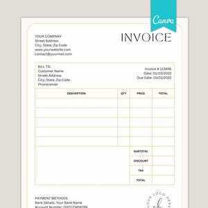 Könnte beinhalten: Eine druckbare Rechnungsvorlage mit cremefarbenem Hintergrund und goldfarbenem Text. Das Wort "INVOICE" steht oben, mit Feldern für Unternehmens- und Kundendaten. Das Canva-Logo befindet sich oben rechts.