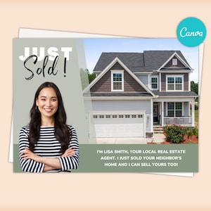 Vous envisagez de vendre une carte postale, Je viens de vendre la maison de vos voisins, Carte postale immobilière Je viens de vendre, Modèle modifiable, Agent de cartes postales agricoles
