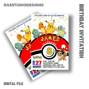 Faire-part d'anniversaire Pokémon modifiable et personnalisé | Invitation fête d'anniversaire Pokémon | Modèle numérique Pokemon, carte d'anniversaire pour enfants
