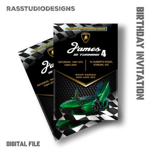Invitation d'anniversaire drôle de voitures Lamborghini, fête d'anniversaire de voiture de course, invitation de voiture de course, carte d'invitation, modifiable, invitation numérique